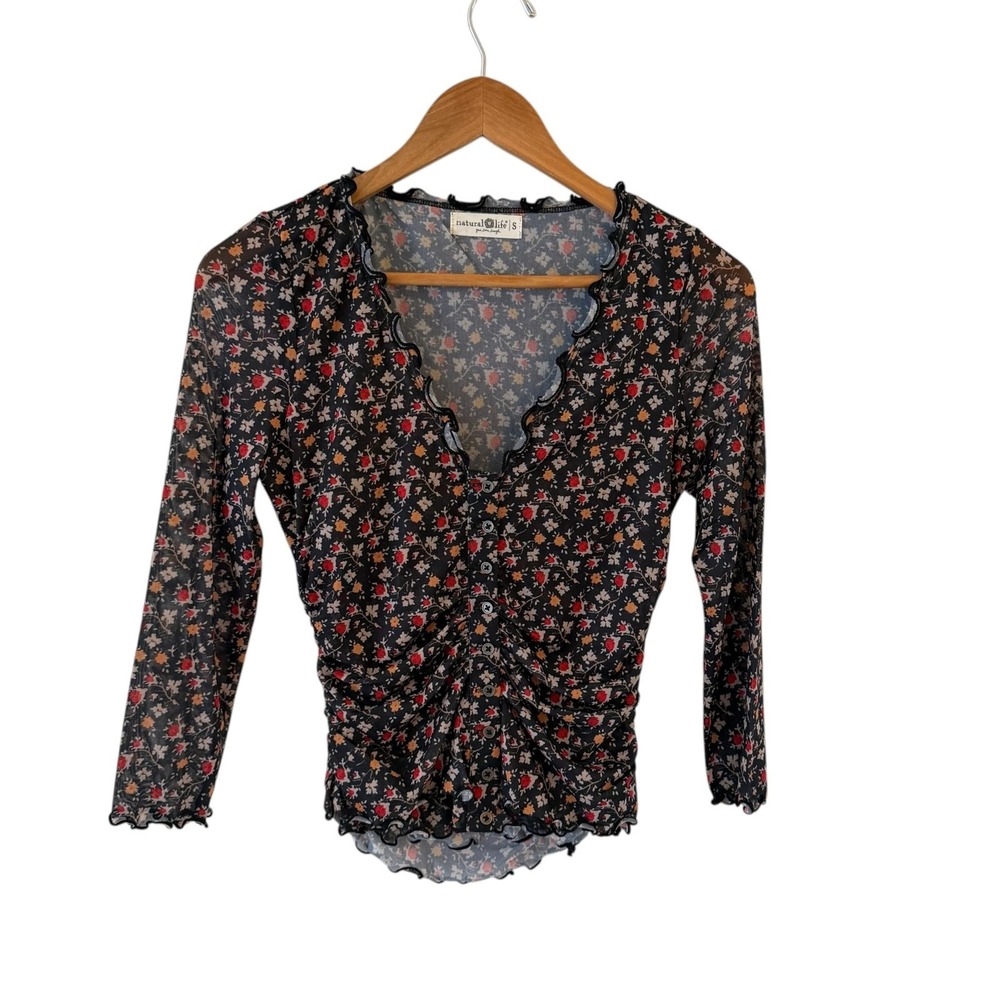Natural Life Floral Mesh Button Top Womens S Ruched Ruffle Boho Y2K Festival